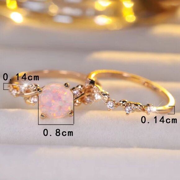 NEW 14k Gold Opal Diamond Ring Band Set of 2 Rings - Picture 6 of 6